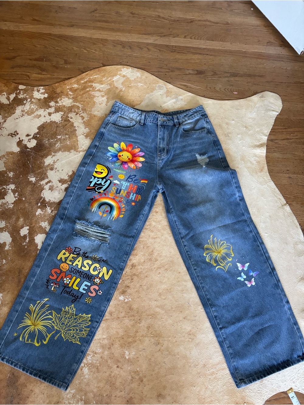 Blue Painted look Wide-Leg Women’s Jeans with Rainbow & Floral Graphic